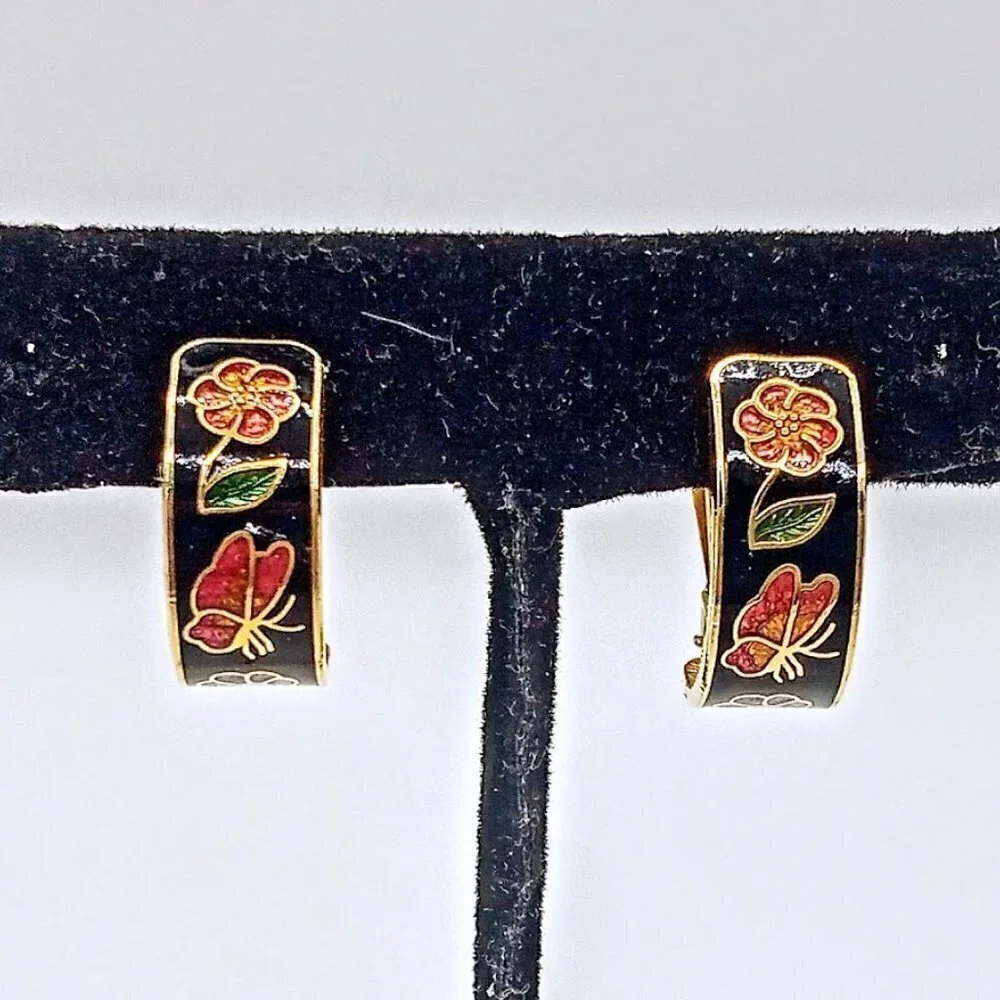 Vintage Black Multicolor Butterfly & Flower Cloisonne Hoop Clip Earrings